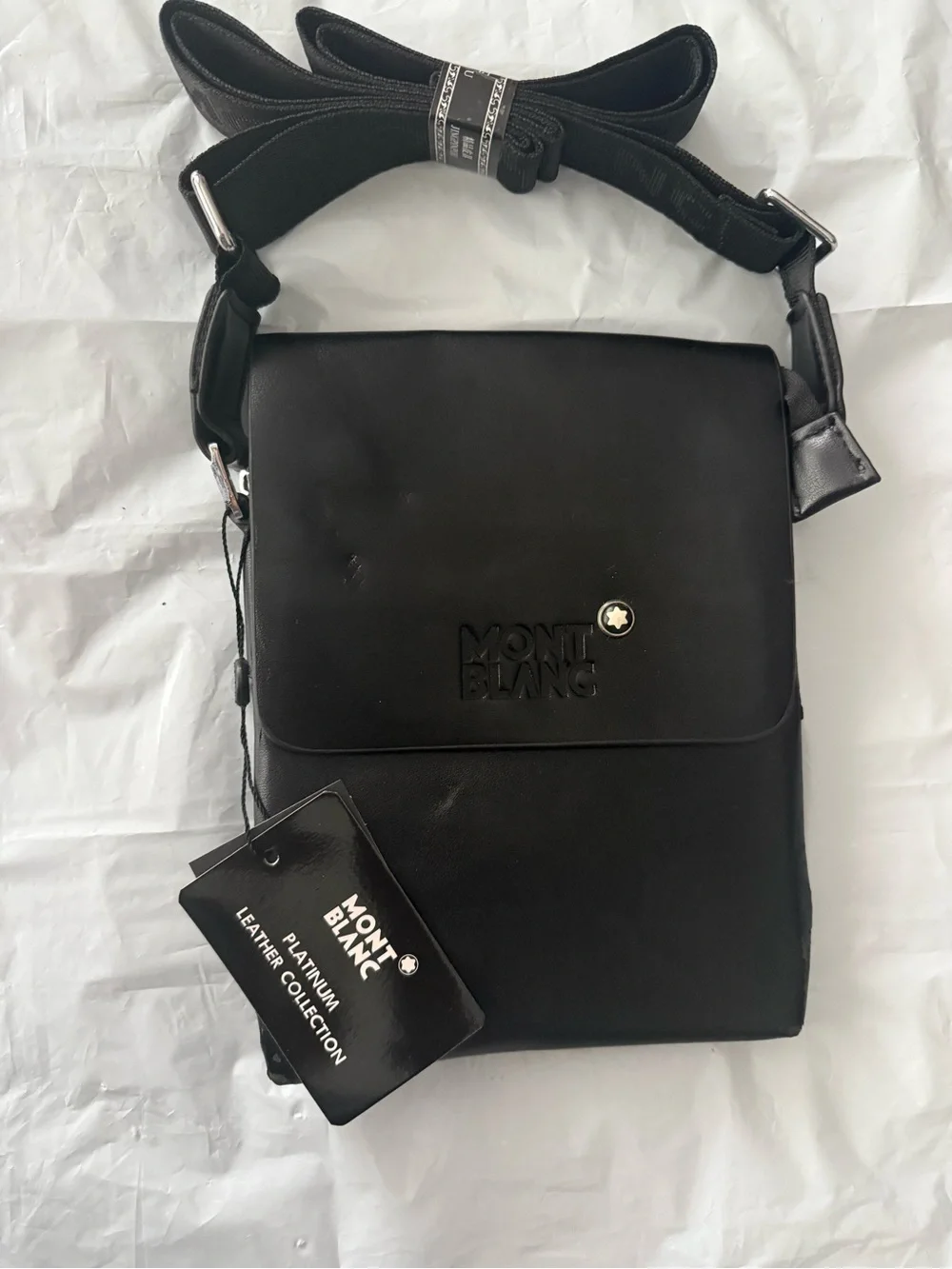 Montblanc Black Leather Messenger Crossbody with Logo Flap